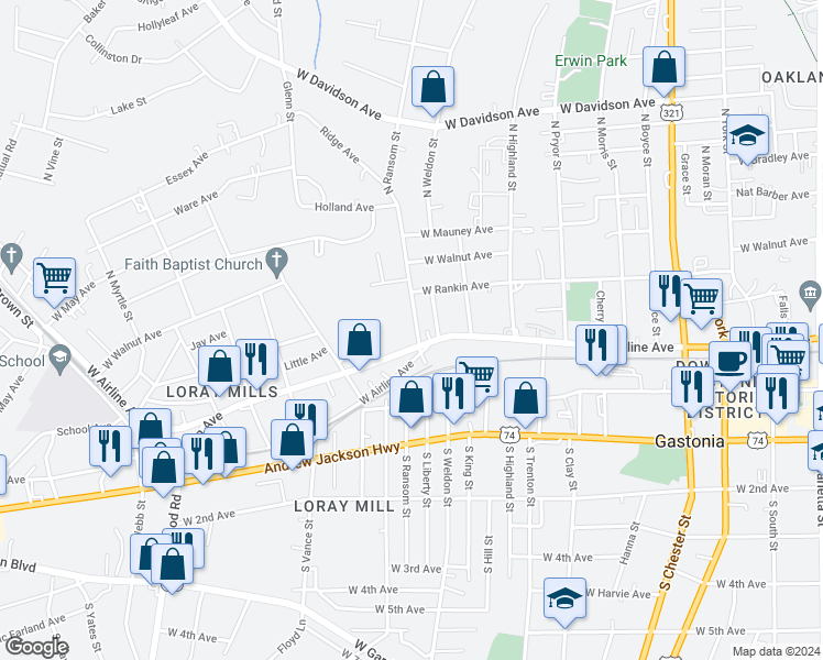 map of restaurants, bars, coffee shops, grocery stores, and more near 209 North Ransom Street in Gastonia