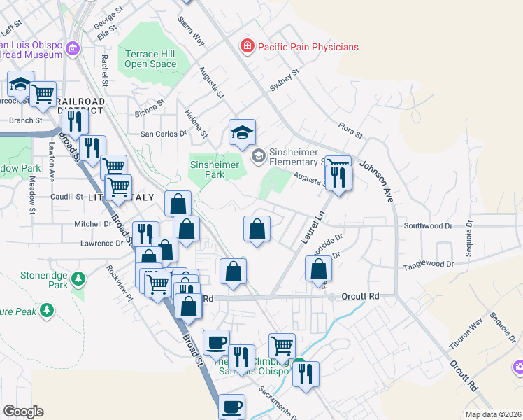 map of restaurants, bars, coffee shops, grocery stores, and more near 1023 Southwood Drive in San Luis Obispo