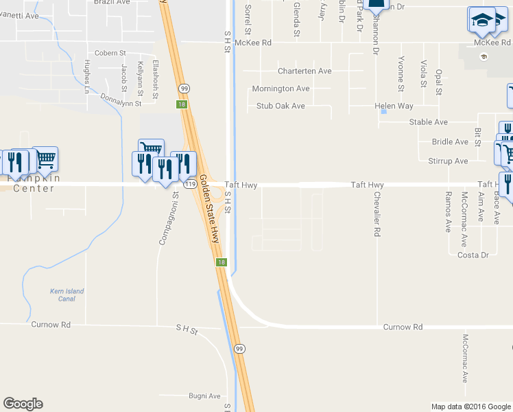 map of restaurants, bars, coffee shops, grocery stores, and more near 9901 Southland Court in Bakersfield