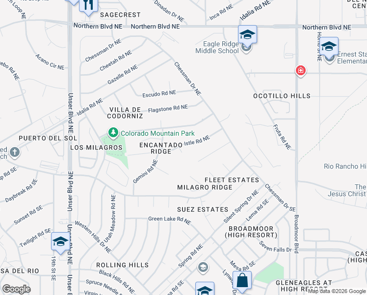 map of restaurants, bars, coffee shops, grocery stores, and more near 2406 Istle Road Northeast in Rio Rancho