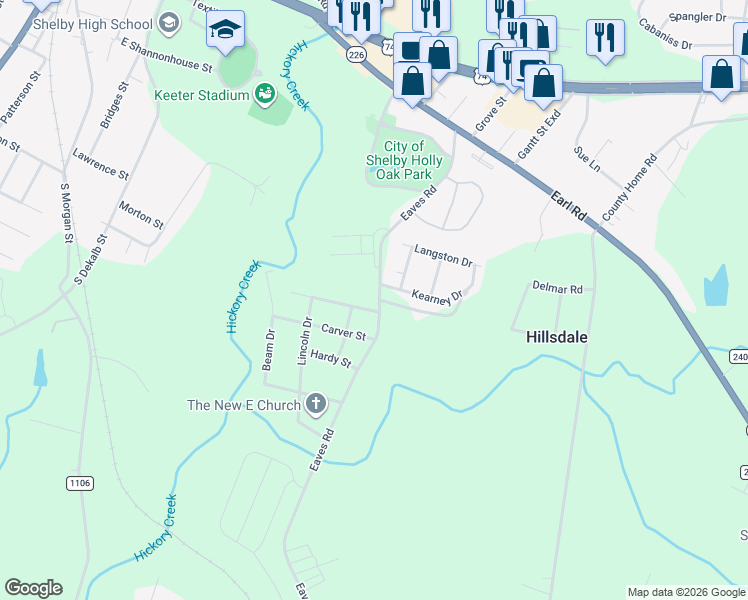 map of restaurants, bars, coffee shops, grocery stores, and more near 837 Quinn Drive in Shelby