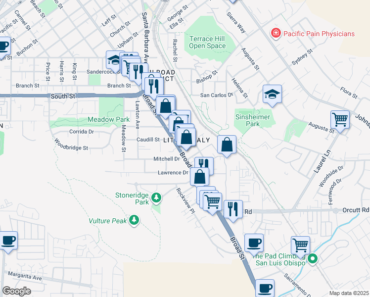 map of restaurants, bars, coffee shops, grocery stores, and more near 2600 Broad Street in San Luis Obispo