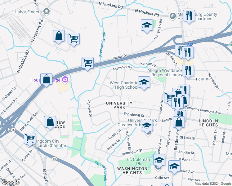 map of restaurants, bars, coffee shops, grocery stores, and more near 3317 Sutton Drive in Charlotte
