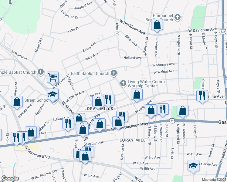 map of restaurants, bars, coffee shops, grocery stores, and more near 408 North Vance Street in Gastonia