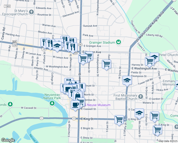 map of restaurants, bars, coffee shops, grocery stores, and more near North McLewean Street in Kinston