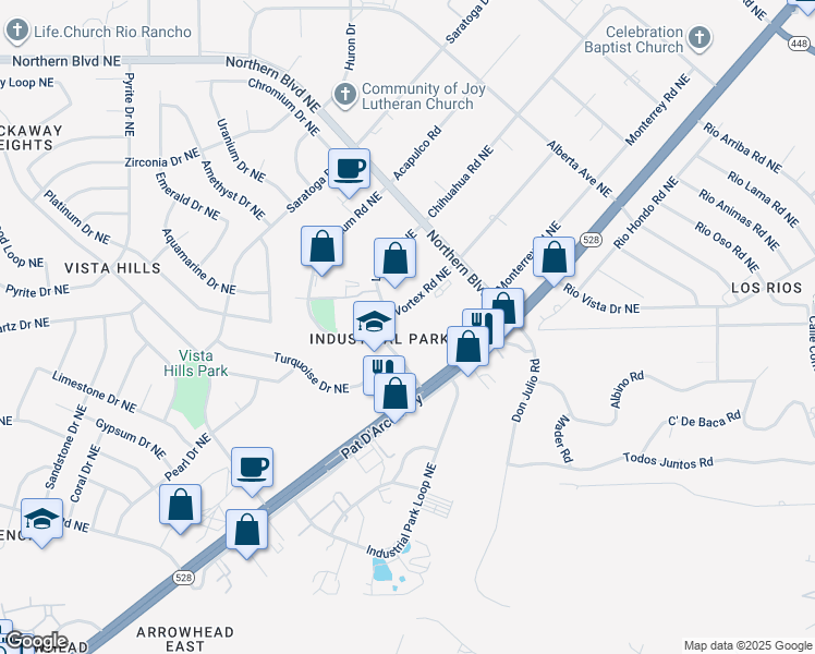map of restaurants, bars, coffee shops, grocery stores, and more near 500 Laser Road Northeast in Rio Rancho