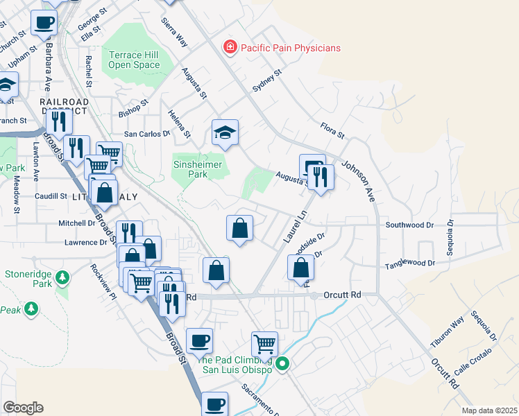 map of restaurants, bars, coffee shops, grocery stores, and more near 1020 Southwood Drive in San Luis Obispo