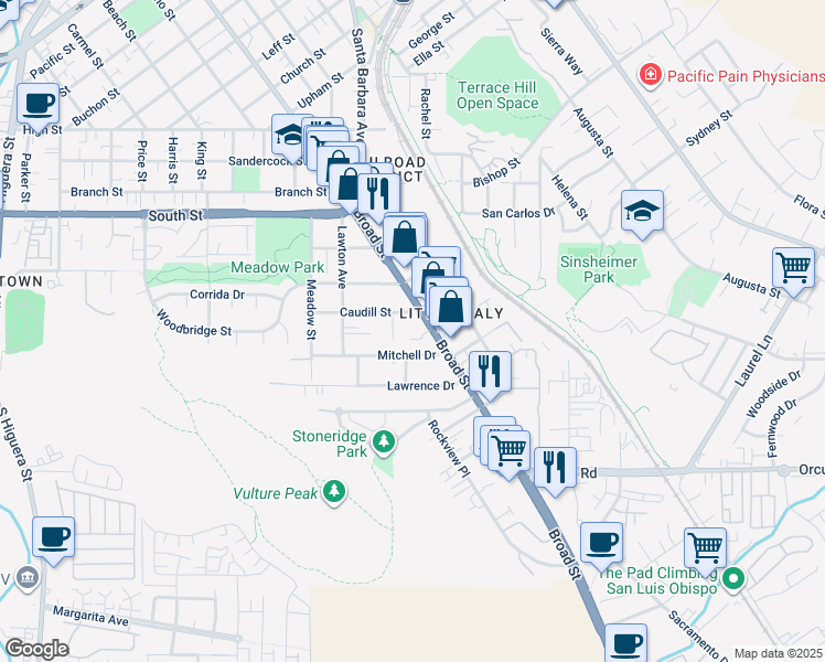 map of restaurants, bars, coffee shops, grocery stores, and more near 2501 Broad Street in San Luis Obispo