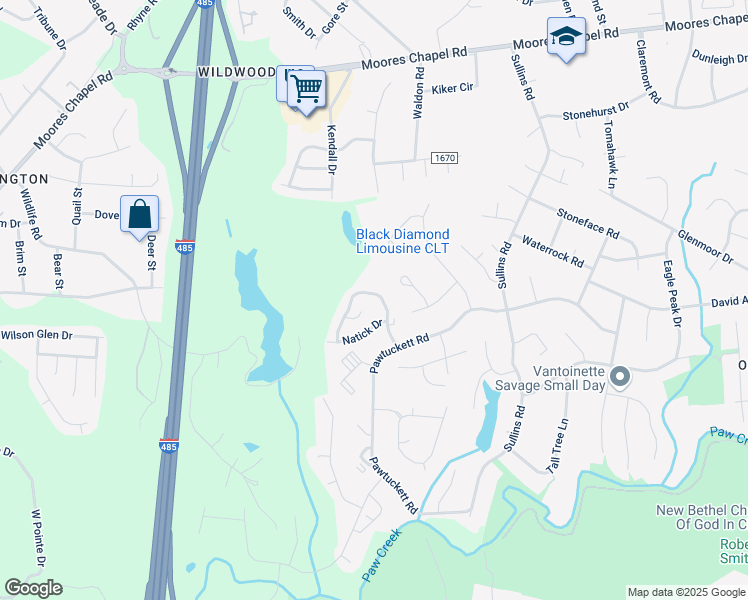 map of restaurants, bars, coffee shops, grocery stores, and more near 6508 Pennacook Drive in Charlotte