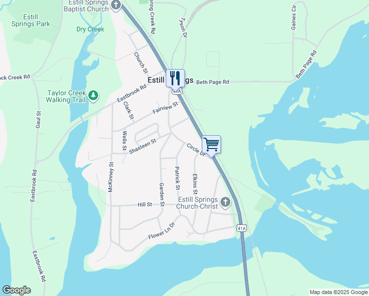 map of restaurants, bars, coffee shops, grocery stores, and more near 307 Circle Drive in Estill Springs