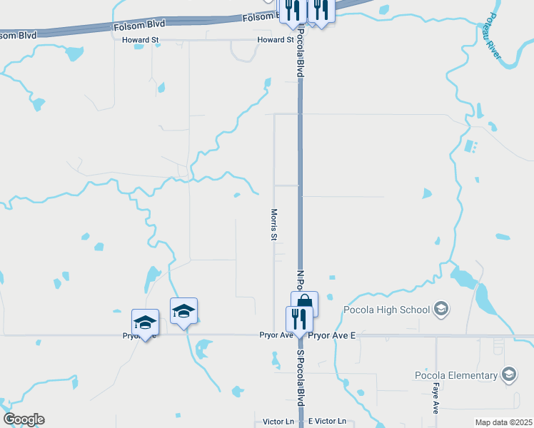map of restaurants, bars, coffee shops, grocery stores, and more near 605 Morris Street in Pocola