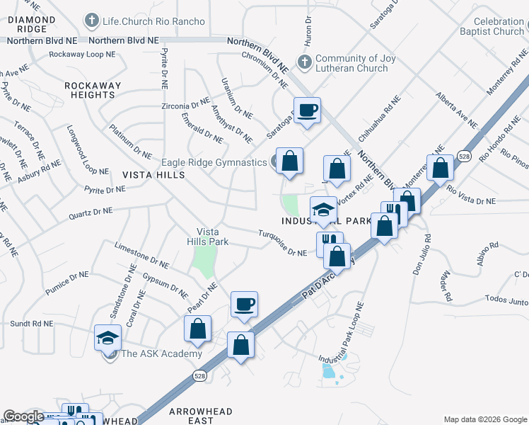 map of restaurants, bars, coffee shops, grocery stores, and more near 521 Quantum Road Northeast in Rio Rancho