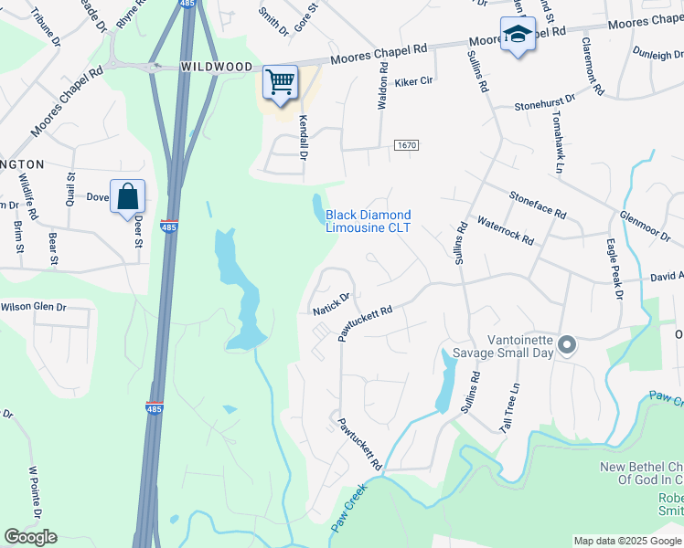 map of restaurants, bars, coffee shops, grocery stores, and more near 6508 Pennacook Drive in Charlotte