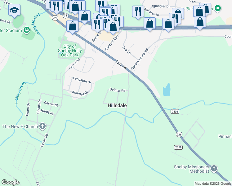 map of restaurants, bars, coffee shops, grocery stores, and more near 112 Delmar Road in Shelby