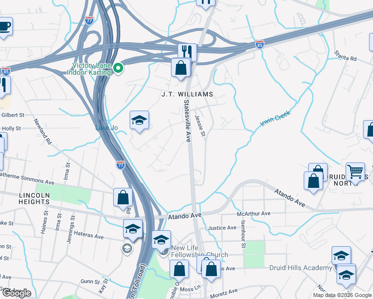 map of restaurants, bars, coffee shops, grocery stores, and more near 2116 Alma Court in Charlotte