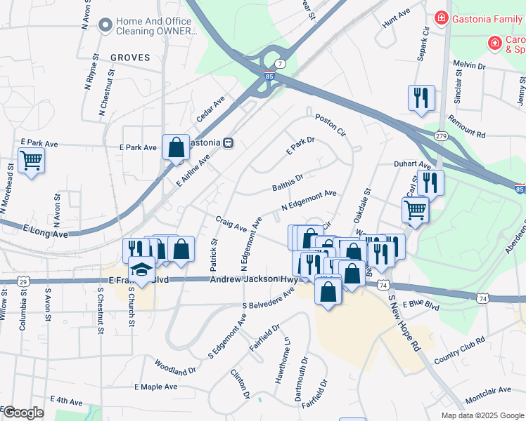 map of restaurants, bars, coffee shops, grocery stores, and more near 283 North Edgemont Avenue in Gastonia