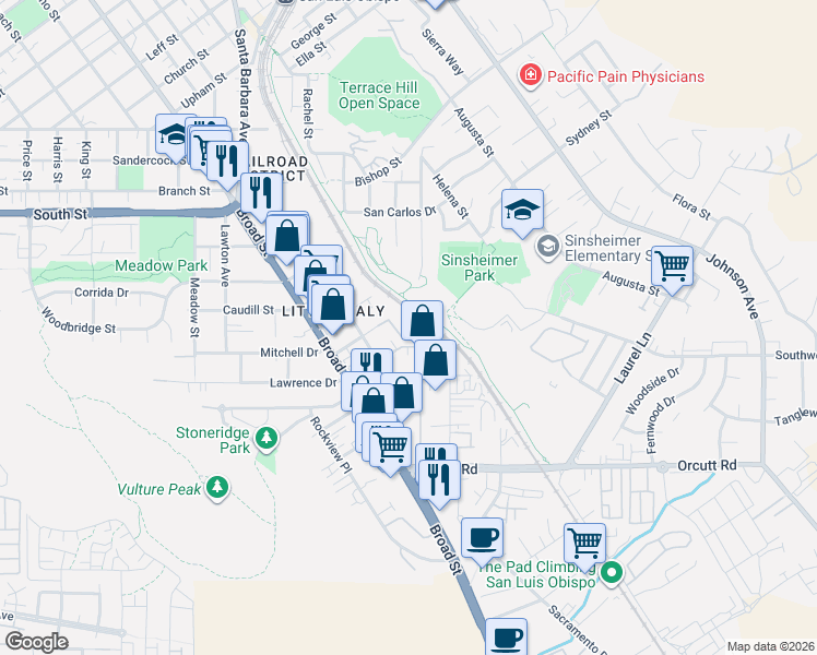 map of restaurants, bars, coffee shops, grocery stores, and more near 965 Humbert Avenue in San Luis Obispo