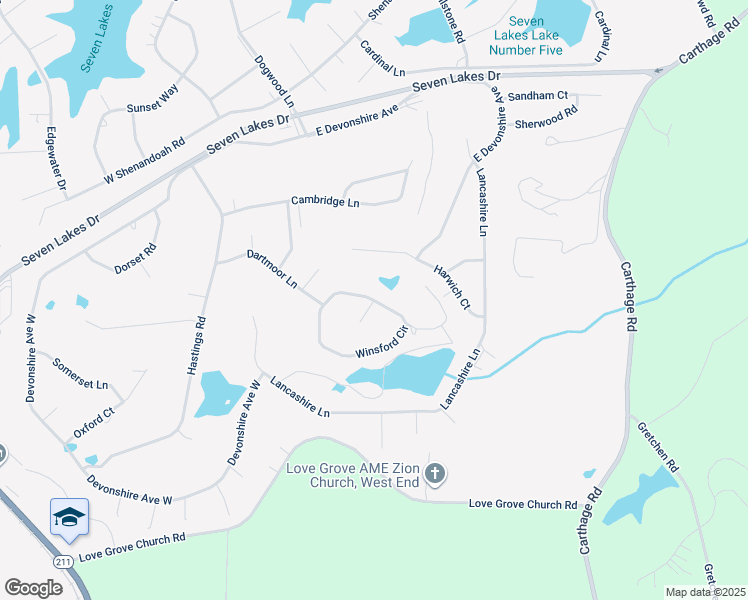 map of restaurants, bars, coffee shops, grocery stores, and more near Winsford Circle in Seven Lakes