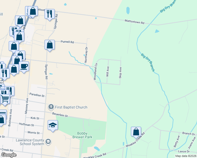 map of restaurants, bars, coffee shops, grocery stores, and more near 5 Woodland Circle in Lawrenceburg