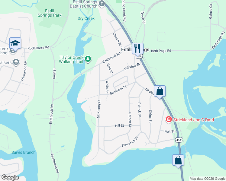 map of restaurants, bars, coffee shops, grocery stores, and more near 202 Shasteen Street in Estill Springs