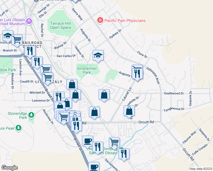 map of restaurants, bars, coffee shops, grocery stores, and more near 1020 Southwood Drive in San Luis Obispo