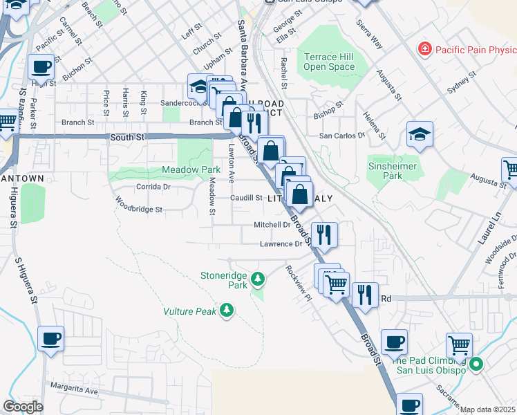 map of restaurants, bars, coffee shops, grocery stores, and more near 652 Caudill Street in San Luis Obispo
