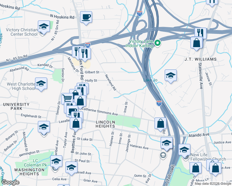 map of restaurants, bars, coffee shops, grocery stores, and more near 2229 Newland Road in Charlotte