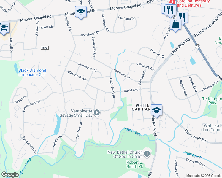 map of restaurants, bars, coffee shops, grocery stores, and more near 6222 Eagle Peak Drive in Charlotte