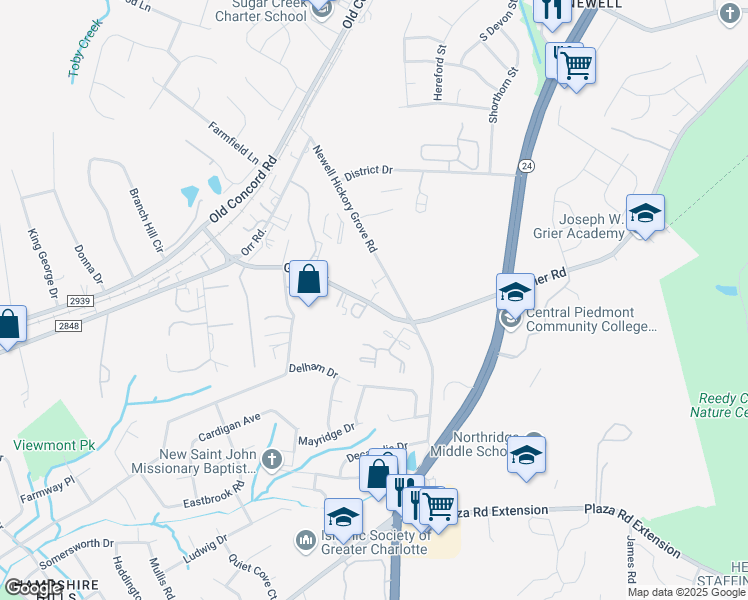 map of restaurants, bars, coffee shops, grocery stores, and more near 7725 Grier Road in Charlotte
