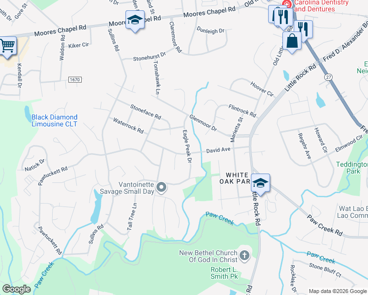 map of restaurants, bars, coffee shops, grocery stores, and more near 6222 Eagle Peak Drive in Charlotte