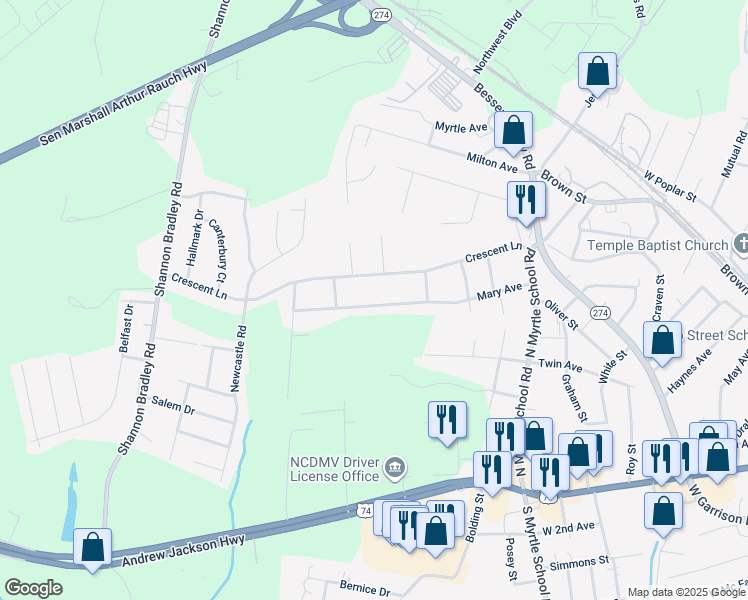 map of restaurants, bars, coffee shops, grocery stores, and more near 2607 Crescent Lane in Gastonia
