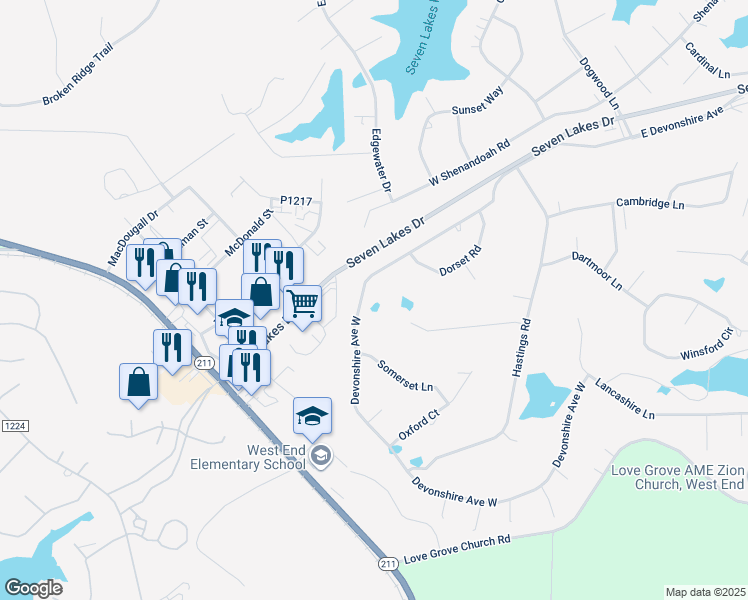 map of restaurants, bars, coffee shops, grocery stores, and more near 167 Devonshire Avenue West in Seven Lakes