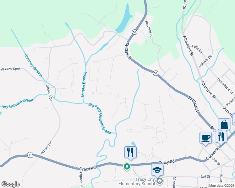 map of restaurants, bars, coffee shops, grocery stores, and more near 215 Autumn Lane in Tracy City