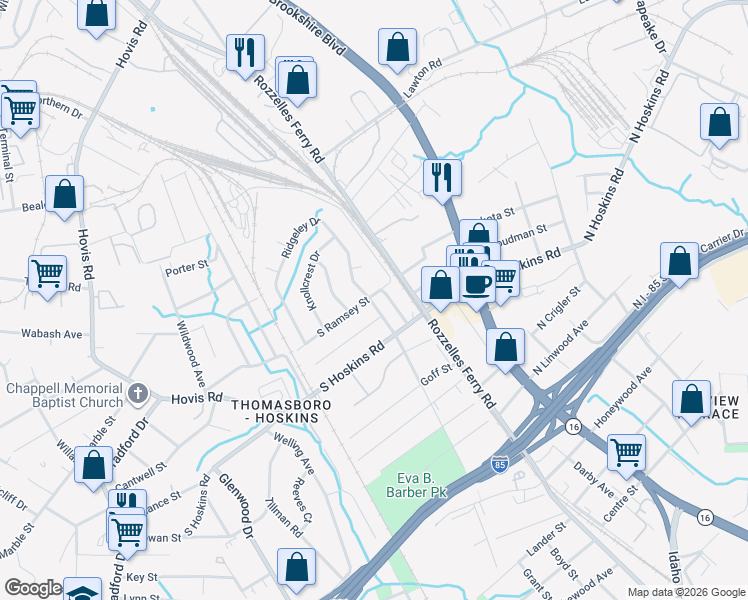 map of restaurants, bars, coffee shops, grocery stores, and more near 135 South Ramsey Street in Charlotte