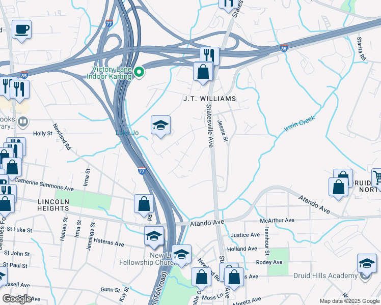map of restaurants, bars, coffee shops, grocery stores, and more near 2322 Julia Avenue in Charlotte