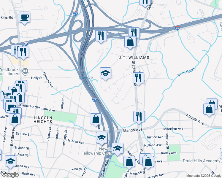 map of restaurants, bars, coffee shops, grocery stores, and more near 2415 Carmine Street in Charlotte