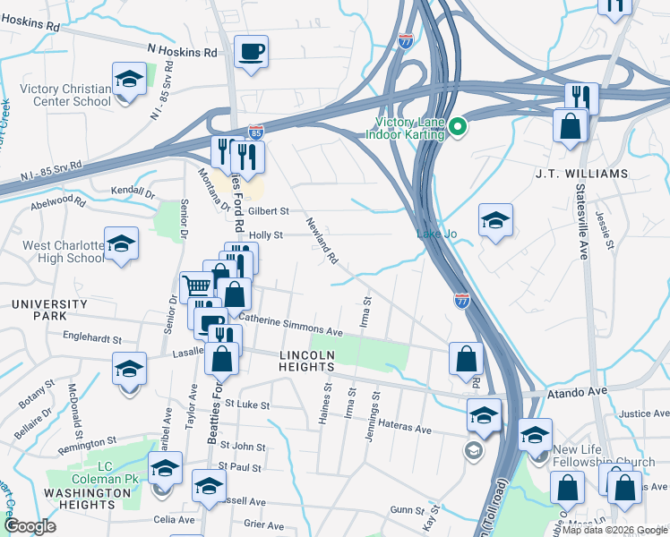 map of restaurants, bars, coffee shops, grocery stores, and more near 2229 Newland Road in Charlotte