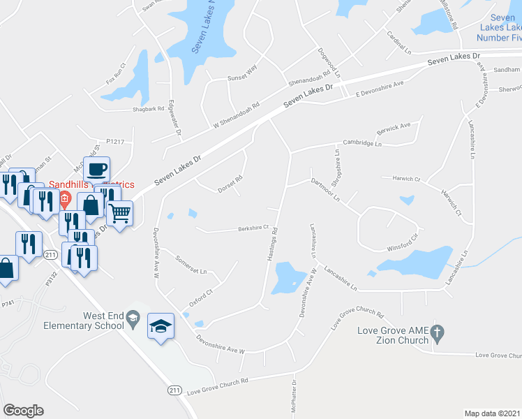 map of restaurants, bars, coffee shops, grocery stores, and more near 103 Essex Court in West End