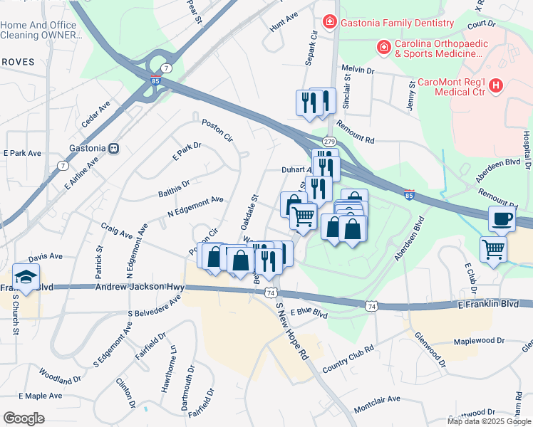 map of restaurants, bars, coffee shops, grocery stores, and more near 407 Beverly Drive in Gastonia