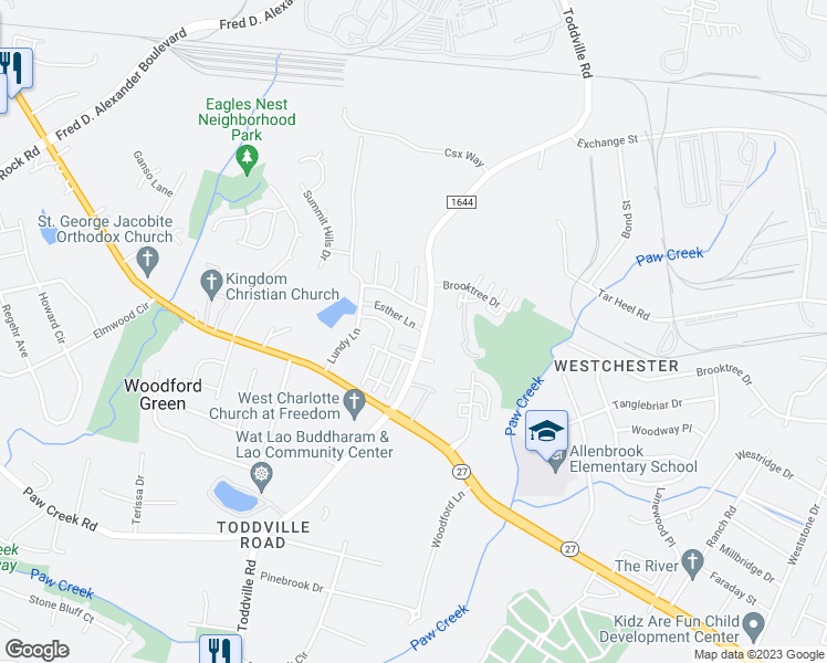 map of restaurants, bars, coffee shops, grocery stores, and more near 5313 Esther Lane in Charlotte