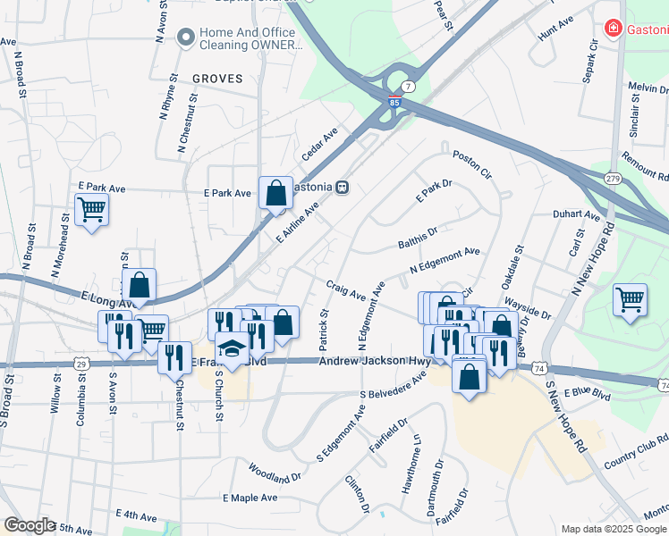 map of restaurants, bars, coffee shops, grocery stores, and more near 1104 Poston Circle in Gastonia
