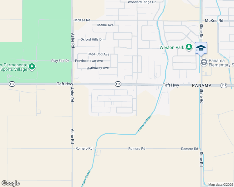 map of restaurants, bars, coffee shops, grocery stores, and more near 9612 Surfside Street in Bakersfield