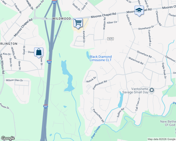 map of restaurants, bars, coffee shops, grocery stores, and more near 6524 Pennacook Drive in Charlotte