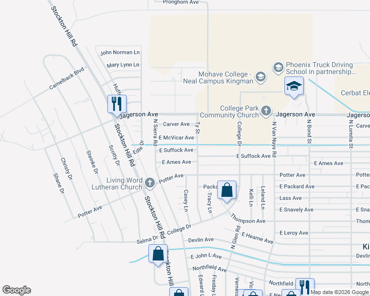 map of restaurants, bars, coffee shops, grocery stores, and more near 1250 East Mcvicar Avenue in Kingman