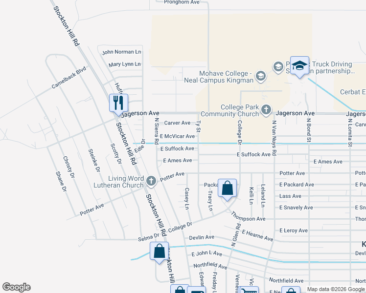 map of restaurants, bars, coffee shops, grocery stores, and more near 1250 East Mcvicar Avenue in Kingman