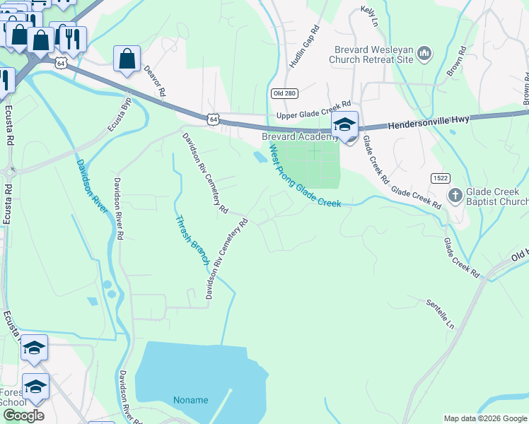 map of restaurants, bars, coffee shops, grocery stores, and more near 98 Fulcher Drive in Pisgah Forest