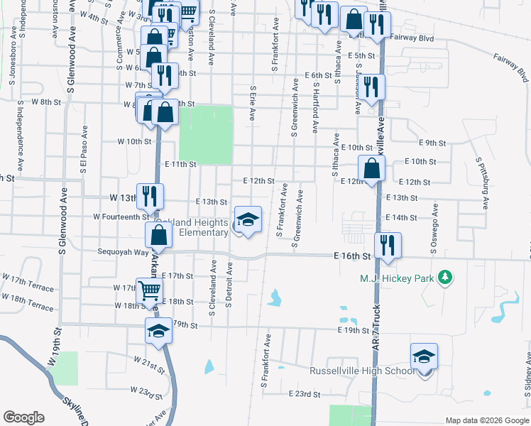 map of restaurants, bars, coffee shops, grocery stores, and more near 710 East 14th Street in Russellville