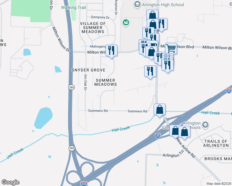 map of restaurants, bars, coffee shops, grocery stores, and more near 5151 Summer Mist Cove in Arlington