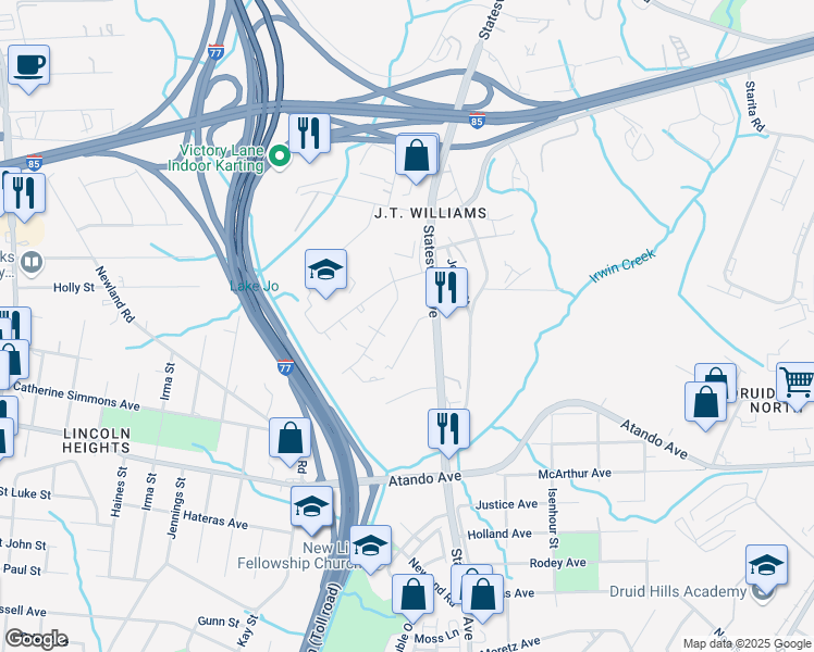 map of restaurants, bars, coffee shops, grocery stores, and more near 2116 Alma Court in Charlotte