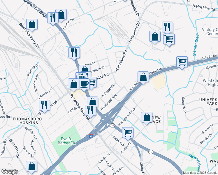 map of restaurants, bars, coffee shops, grocery stores, and more near in Charlotte